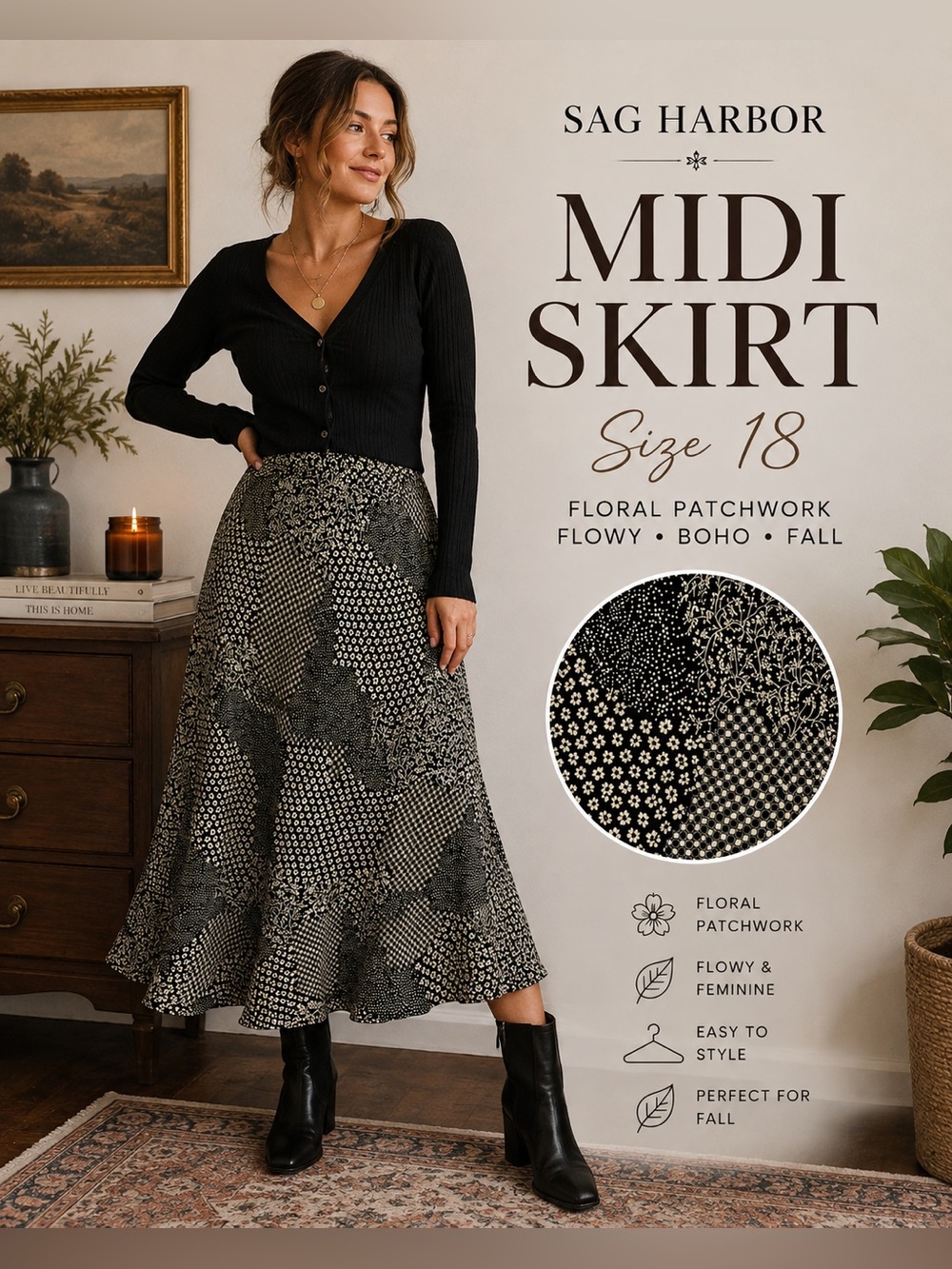 Sag Harbor Size 18 Black Floral Patchwork Midi Skirt Flowy Boho Ruffle Hem